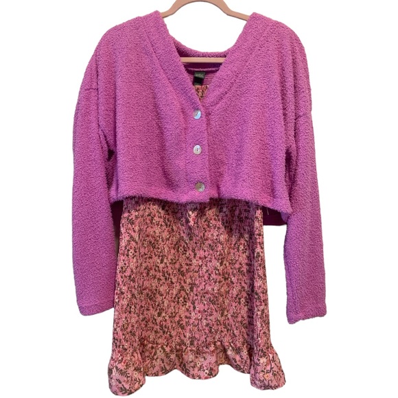 🍄 Smocked Cut-Out Dress NWT Madden NYC Junior Large Short Puffy Sleeves Floral - Picture 10 of 11